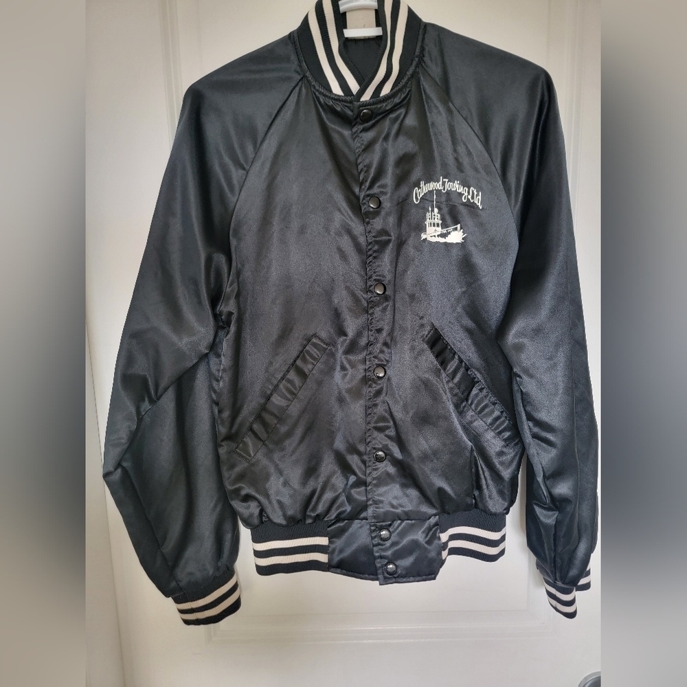Vintage baseball varsity satin snap jacket black small